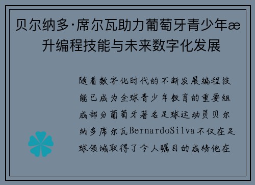 贝尔纳多·席尔瓦助力葡萄牙青少年提升编程技能与未来数字化发展
