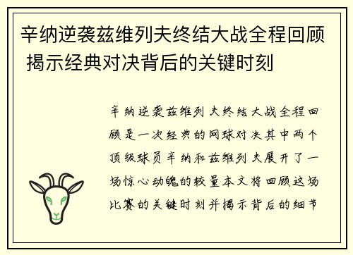 辛纳逆袭兹维列夫终结大战全程回顾 揭示经典对决背后的关键时刻