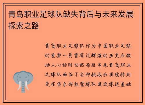 青岛职业足球队缺失背后与未来发展探索之路