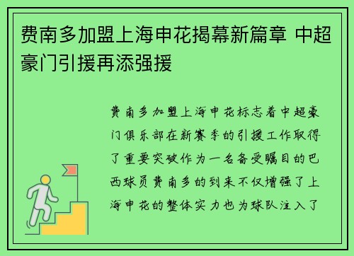 费南多加盟上海申花揭幕新篇章 中超豪门引援再添强援